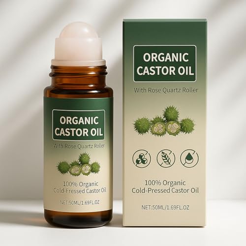 Organic Castor Oil Roll-on with Rose Quartz - 1.7oz, Cold-Pressed for Skin, Brows & Lashes (Variation 1)