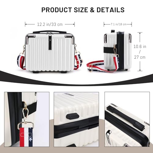 15 Inch Portable Hard Shell Makeup Case, Mini Cosmetic Travel Luggage Case with Shoulder Strap, Small Travel Suitcase Train Case with Toiletry Bag, ABS Material, White