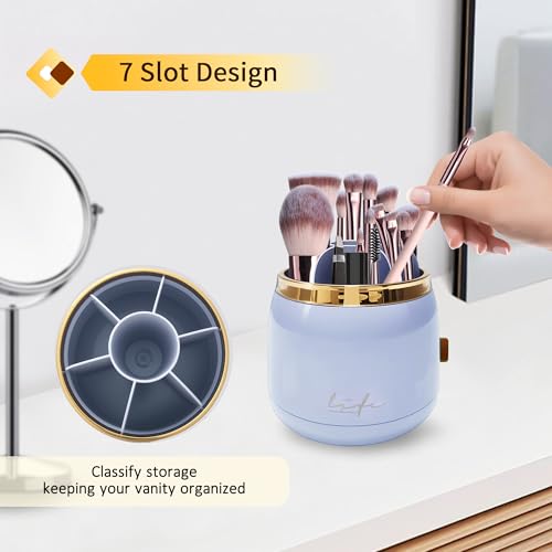 Makeup Brush Holder, 360 Rotating Makeup Brush Organizer with Lid, 7 Slots Brushes Organizer for Countertop Cosmetic Display and Storage, Purple