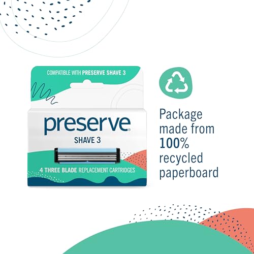 Preserve Shave 3 Razor Blade Refills, Titanium-Coated 3 Blade Cartridges with Vitamin E & Aloe ? Eco Friendly, Cruelty Free, Unisex Shaving for Face & Body ? 4 Pack