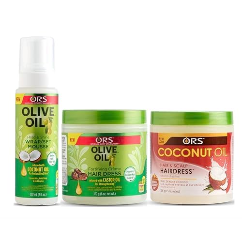 ORS Olive Oil Hold & Shine Wrap Set Mousse Infused with Coconut Oil - Fortifying Creme Hairdress infused with Castor Oil- Coconut Oil Hair and Scalp Hairdress - Bundle