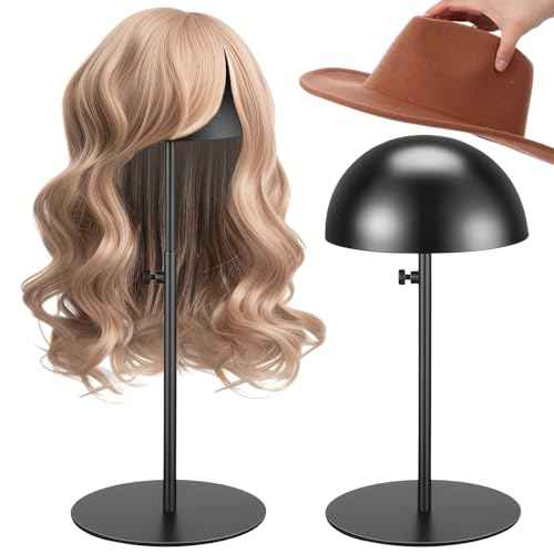Sintuff 2 Pcs Hat Display Stand 7.9-15.7 Inch Adjustable Hat Holder Sturdy Wigs Head Stand Anti-rust Non-slip Stable Stainless Steel Metal Hat Rack for Multiple Hats Storage Wig(Black,Round Base)