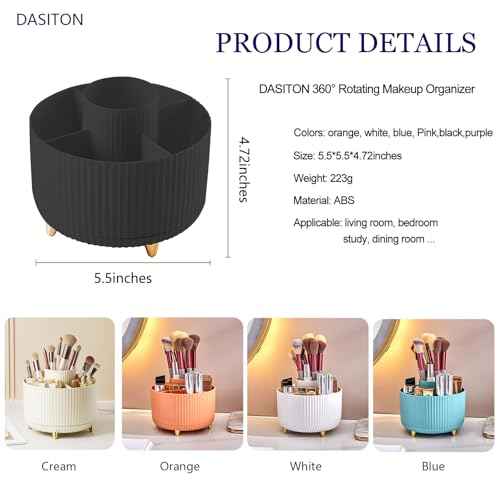 DASITON Large Capacity Makeup Brush Holder,360¡Æ Rotating Makeup Organizer,5 Slot Makeup Brushes Cup,for Vanity Decor,Bathroom Countertops,Desk Storage Container,Cosmetic Display cases(Black)