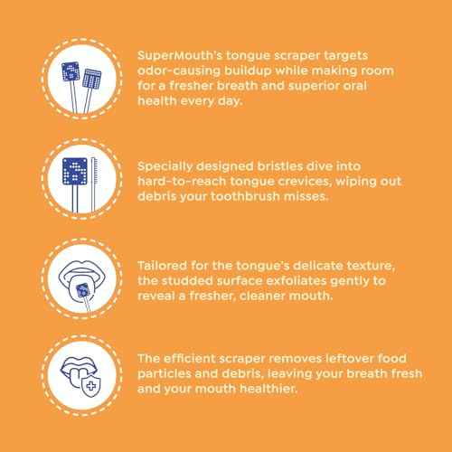 SuperMouth¢ç Tongue Scraper for Adults & Teens ? Patented Triple Action Cleaner Brush, Scrubber & Scraper Removes Odor-Causing Buildup, Fights Bad Breath, Freshens Mouth, Soft & Gentle Oral Care