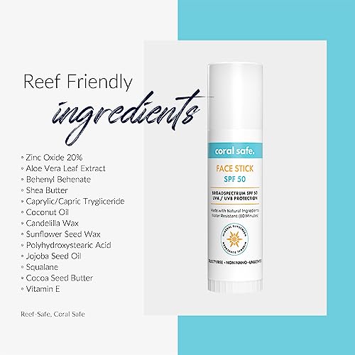 Reef Safe Sunscreen SPF 50 Facestick - Biodegradable, Hawaii & Mexico Approve, Zinc, Vitamin E, Oxybenzone & Octinoxate Free, Water Resistant, Natural Ingredients, Made in USA by Coral Safe