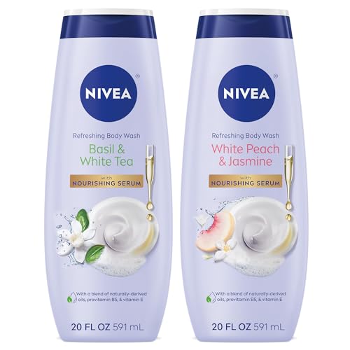 NIVEA Refreshing Basil and White Tea Scented Body Wash (20 Fl Oz) + NIVEA Refreshing White Peach and Jasmine Scented Body Wash (20 Fl Oz) with Nourishing Serum