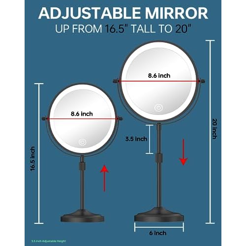 9" Lighted Makeup Mirror with 1X 10x Magnification, 5000mAh Rechargeable Led Magnifying Vanity mirror with lights, 3 Lighting Colors, Brightness Dimmable Height Adjustable Cosmetic Mirror Black