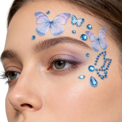 Blue Butterfly Face Gems Stickers - 2 Sheet Pack