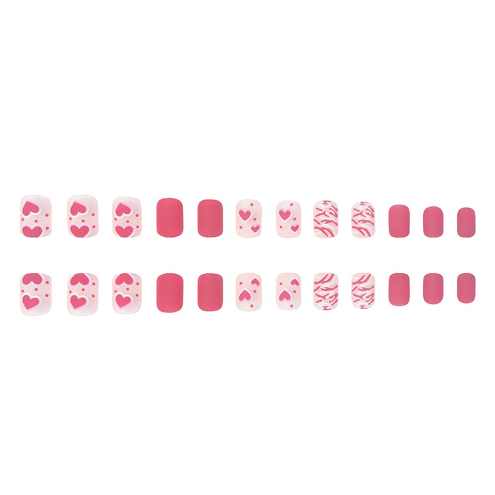 DOUBNINE Press on Nails Short Square Pink Heart Matte Y2K Sweet False Nails Full Cover Finger Valentine's Day Daily Wear for Women