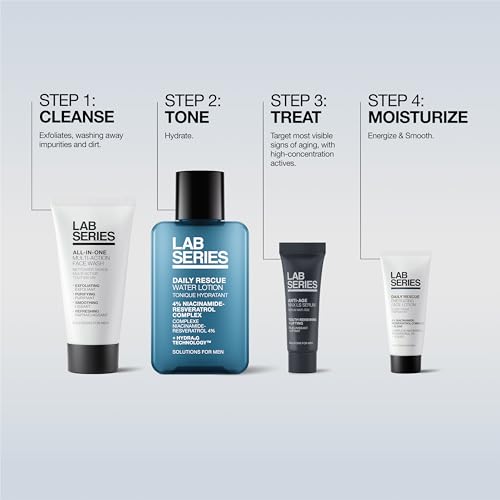 Lab Series Travel Size Essentials Skin Care Gift Set For Men - Includes All-In-One Face Wash 1 Fl Oz, Daily Rescue Face Toner 1 Fl Oz, Daily Rescue Face Lotion 0.2 Fl Oz & Max LS Face Serum 0.2 Fl Oz