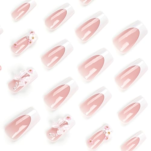 French Tip Press on Nails Medium Square Fake Nails Pink False Nails with Rhinestone Bling 3D Flower Designs Acrylic Nails Full Cover Reusable Stick on Nails Glossy for Women 24pcs