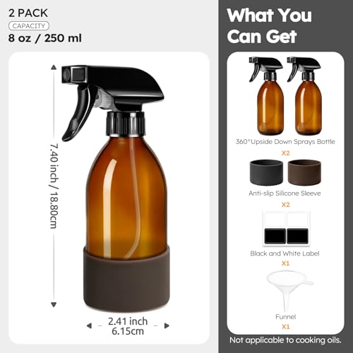 Tecohouse 2 Pack 8oz Amber Glass Spray Bottles with Silicone Sleeve
