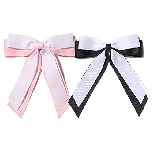 XFYUZR Women Bow Hair Clip Ribbon Ponytail Clips Long Tail Barrette Double Bow Hair Clips for Girl Teens Kids Softball Cheerleader Hair Accessories 2pcs(Black Pink)