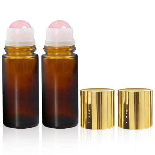 Rose Quartz Roller Bottles for Essential Oils, 50ml Glass Roll-On (2-Pack)
