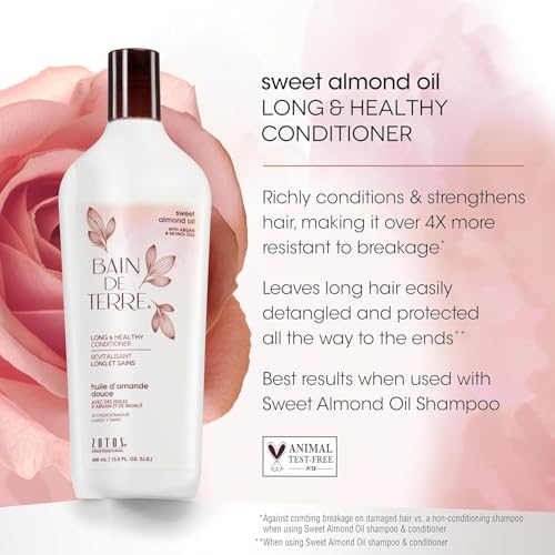 Bain de Terre Sweet Almond Oil Long & Healthy Conditioner, Strength & Protection for Weak, Damaged Hair, with Argan & Monoi Oils, Paraben-Free, Color-Safe, Vegan