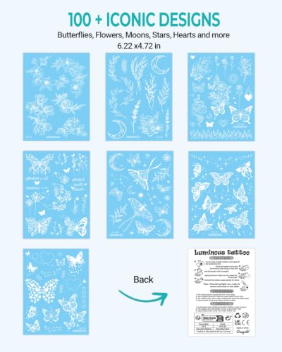 Glow in the Dark Butterfly Temporary Tattoos, 7 Sheets Waterproof