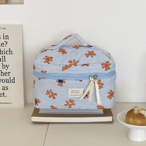 3PCS Quilted Make Up Bag Set Cute Cotton Make Up Pouch Blue Striped Bear Cosmetic Bag Set Large Travel Toiletry Bag For Women(B)