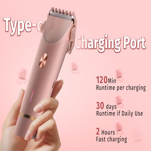 Bikini Trimmer for Women, 2 in 1 Electric Razor & Bikini Shaver for Womens IPX7 Waterproof Body Hair Trimmer and Facial Hair Remover,Pink