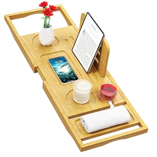 Expandable Bamboo Bathtub Tray with Non-Slip Grips