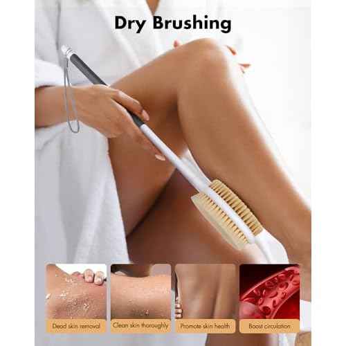 Back Scrubber Anti Slip for Shower: 18.1'' Long Handle Bath Brush with Stiff and Soft Bristles Body Exfoliator Wet or Dry Brushing for Women, Men, Elderly (Charcoal Gray)