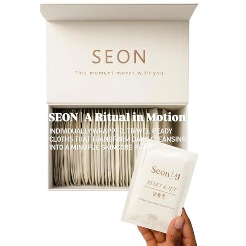 SEON Reset & Jet Korean Skincare Facial Wipes. Rice Water Infused Cleansing Cloths, Individually Wrapped, Travel Friendly (50 Count, Premium Magnetic Box.