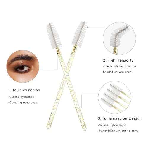 100 PCS Crystal Eyelash Mascara Wands Disposable Lash Brushes for Extensions Spoolie Brush Applicators Makeup Tool Kits (Gold handle)