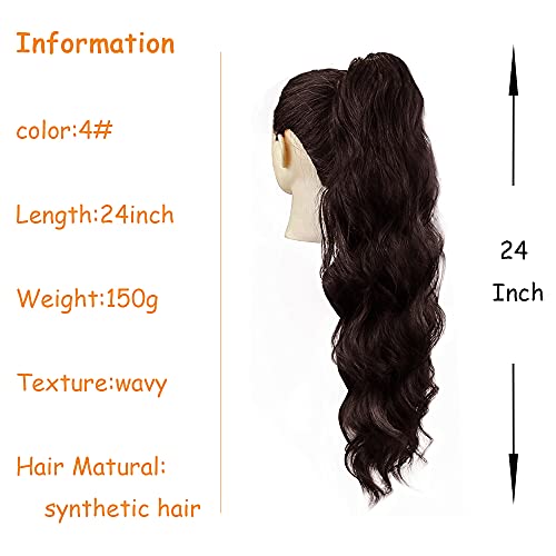 KETHBE 24 Inch Long Body Wave Ponytail hair Extension Synthetic Heat Resistant Wrap Around Drawstring Curly Wavy Ponytail Hairpieces for Women (4#)