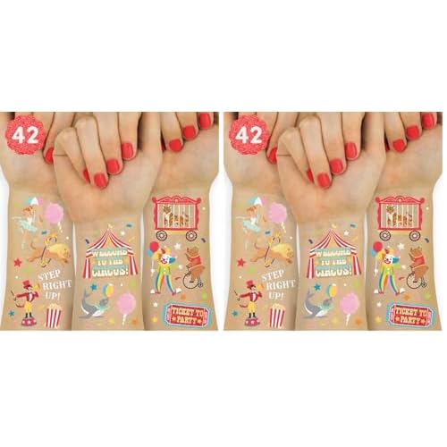 xo, Fetti Circus Party Temporary Tattoos - 42 Gold + Silver Foil Styles | Circus Birthday Party Supplies, Carnival Party Favors, Circus Animals Temp Tats, Clown Arts and Crafts (Pack of 2)