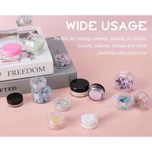 200 Count 3 Gram Sample Containers, Clear Lip Balm Containers with Lids, Small Plastic Sample Jars with 12 Mini Spoons, 200pcs Labels (Pink Lid)