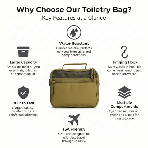Men's Tactical Toiletry Bag - Lightweight Travel Dopp Kit, Khaki