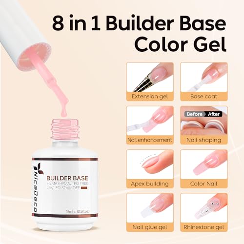 Nicedeco Builder Nail Gel 15ML 8 in 1 Builder Base Gel Clear Gel Nail Polish Strengthener Gel Hard Gel Builder Extension Nail Gel for Nail Art Design-007