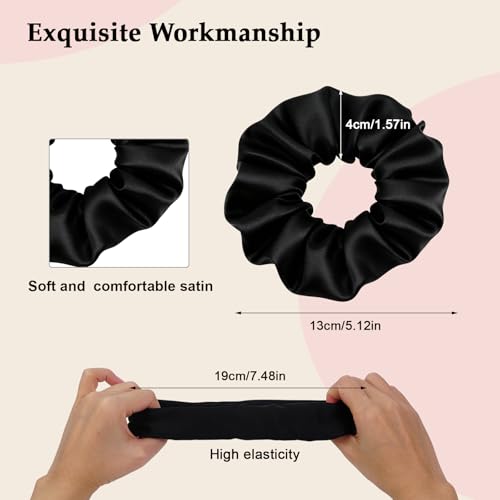 Large Black Satin Scrunchies for Women - 8PCS No Crease Hair Ties