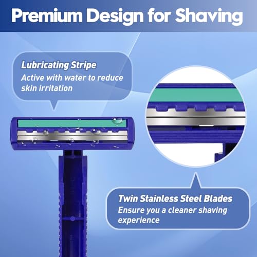 Twin Blade Disposable Razors for Men & Women ? Bulk 60 Pack Stainless Steel Shavers with Lubricating Strip, Safety Cap & Non-Slip Handle for Sensitive Skin, Travel, Hotel, Charity ? Blue
