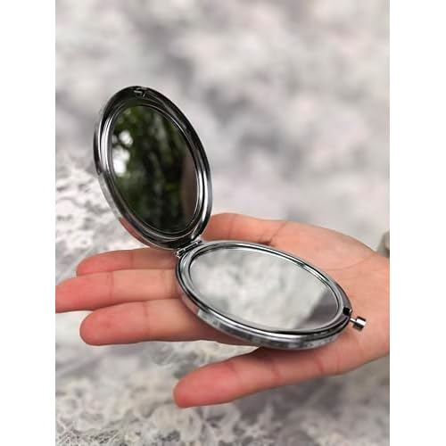 Leimandy 4-Pack Embroidered Compact Mirrors - Double-Sided 1x/2x Magnifying Bridesmaid Pocket Mirror Foldable Makeup Mirror for Wedding Shower | Birthday | Graduation Gifts L2 (Blue ForgetMeNot)