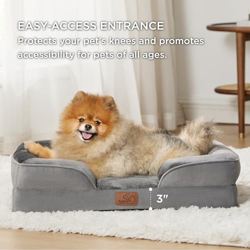 Bedsure Orthopedic Dog Bed - Bolster Dog Sofa Beds for Small Dogs, Supportive Foam Pet Bed with Removable Washable Cover, Waterproof Lining and Nonskid Bottom Couch, Grey