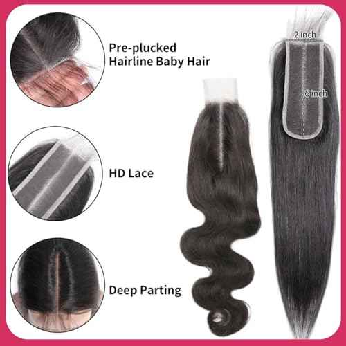 2x6 Hd Lace Closure, Middle part Straight Human Hair Closure Invisible Real HD Lace, 14 Inch 2 by 6 Skinlike Lace Frontal Closure Only Bleached Knot Pre-Plucked Natural Hairline Natural black 14inch