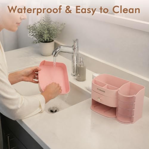 XIAPIA Pink Makeup Organizer for Vanity, 11-Compartment Countertop Storage