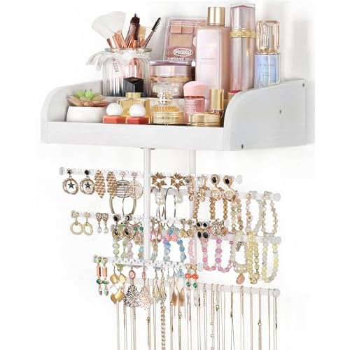 Keebofly Wall Mounted Jewelry Organizer 7-in-1 with Large Stepped Rustic Whitewood Shelves - Iron Jewelry Holder for Earring, Necklace, Bracelet Storage + Makeup/Perfume/Nail Polish Display