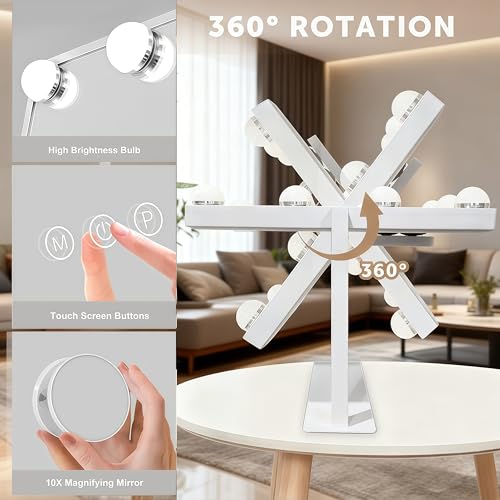 Lighted Vanity Mirror with 9 LED Lights, Detachable 10x Magnifying Mirror, 3-Color dimmable Hollywood Makeup Mirror, Smart Touch Control, Metal Frame, 360-degree Rotation, White/Black (White)