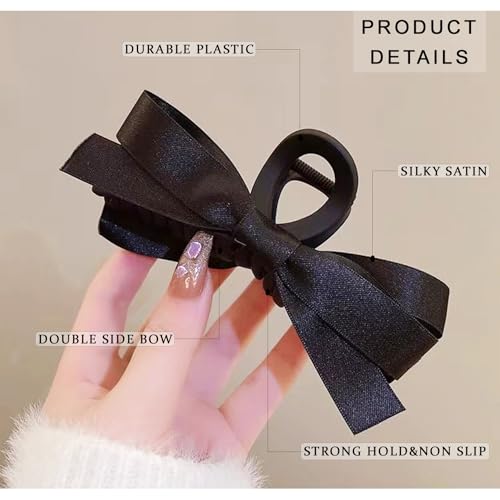 Bow Hair Claw Clip Black Bows Hair Claws Barrette for Thick Thin Hair,Silky Satin Bow Knot Non Slip Claws Clamps Large Bow Hair Barrettes Accessories for Women and Girls (Black + White(matte))