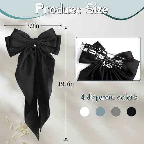 Silky Satin Hair Bows - 4PCS Ribbon Bows for Women & Girls, Big Bow Hair Clips with Long Tail, Barrettes - Cute Hair Accessories Gifts (Black, Blue Grey, Grey, White)