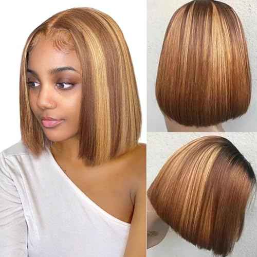 Highlight Bob Wig Human Hair P4/27 Color 13x4 HD Lace Front Wigs Human Hair Pre Plucked Hairline for Women Blonde Highlight Bob Wigs 180% Density 12 Inch