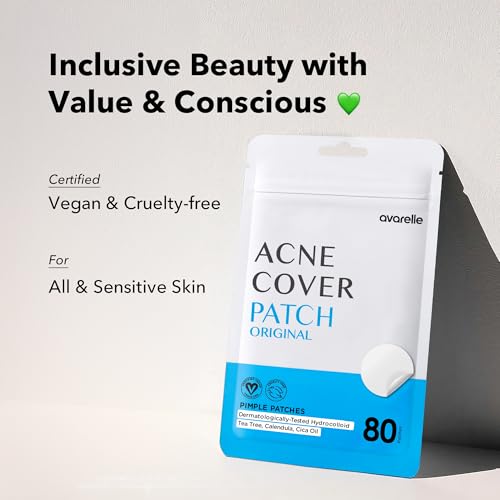 AVARELLE Pimple Patches Hydrocolloid Acne Patches, Acne Spot Treatment for Blemishes and Zit with Tea Tree Oil, Calendula Oil and Cica Oil for Face, Vegan, Cruelty Free (8 XL + Fit + 80 CT)