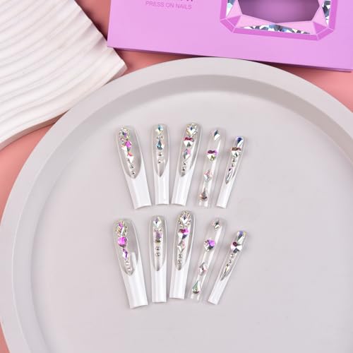 Tmani 10pc/set Extra Long Handmade Press On Nail Hot Girl's Long Ballet Nails Square Nail Full of Diamond Glitter Decoration Fake Nails Suitable For Girls Festival Parties and Birthday Gift (138,M)