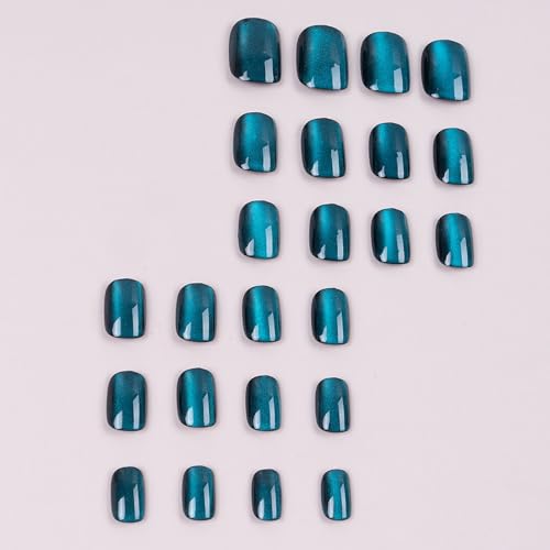 Extra Short Press on Nails Square Fall Fake Nails Blue Cat Eyes Nails Solid Color Designs Glossy Full Cover False Nails Cat Eyes Gel Nail Polish Acrylic Nails Stick on Nails for Women and Girls 24 Pcs