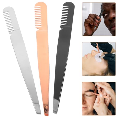 Eyebrow Tweezers 2 in 1 Stainless Steel Slant Tip with Comb ? Precision Brow Shaping Tool 3 Pack for Women, Facial Hair Removal & Lash Applicator, Professional Grooming Tweezers