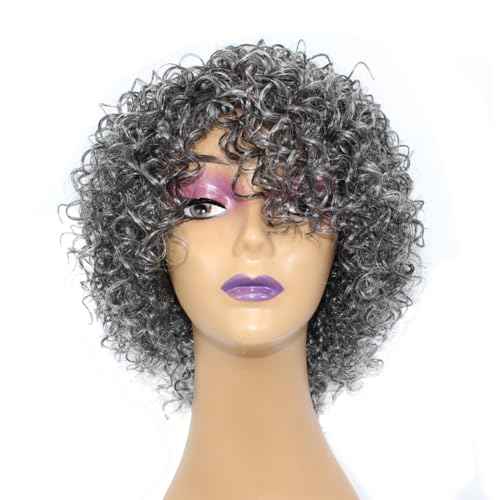 Grey Short Curly Wig Pixie Cut Human Hair Wigs for Women Wear and Go Non Lace Machine Made Wigs Human Hair Salt and Pepper Color for Older Women Breathable Daily Wig
