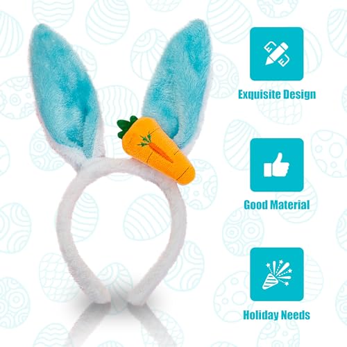 AEGYPIUS Easter Bunny Ears Headband for Girls Plush Rabbit Ears Hairbands for Kids and Adults Easter Headwear with Carrot Decor Easter Costume Accessories for Easter Party Decoration (Blue)