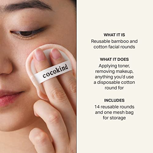 Cocokind Reusable Facial Rounds, Reusable Makeup Remover Pads, Made with Bamboo and Cotton, Washable Makeup Cotton Rounds with Bag, 14 Count