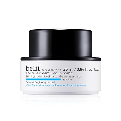 belif The True Cream Aqua Bomb 25ml: Daily Lightweight Facial Moisturizer, Hydrating & Plumping Face Cream, Hyaluronic Acid, Niacinamide, Squalane, For All Skin Types, No Mineral Oils Korean Skin Care